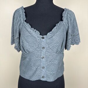 URBAN Romantics Lace Button-Up Blouse - Dusty Blue